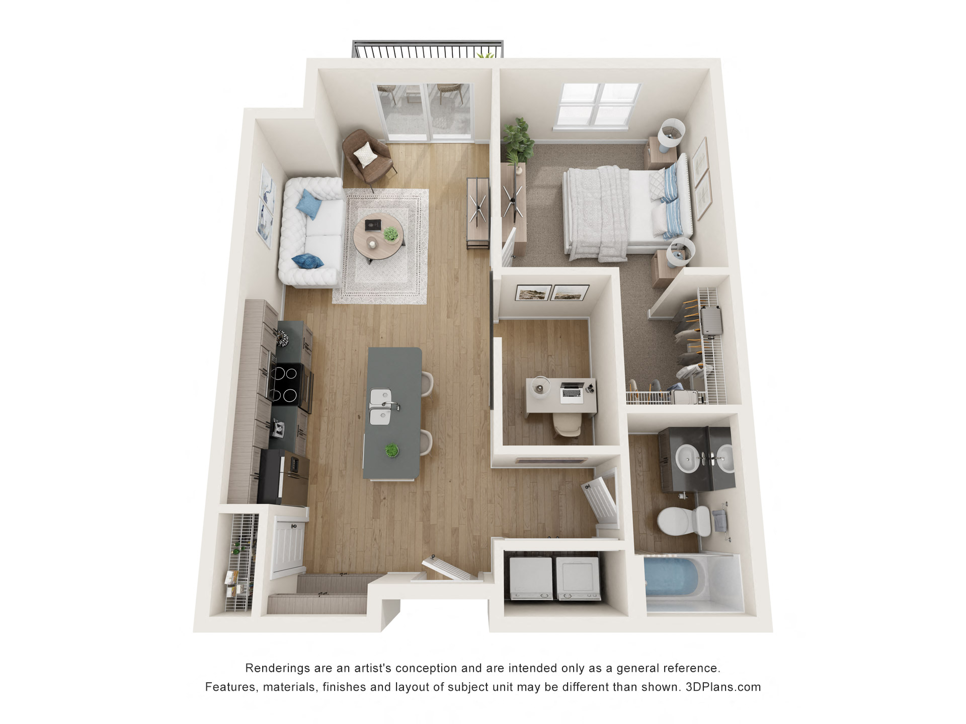 Floor plan for 1 bed, 1 bath, 770 sqft